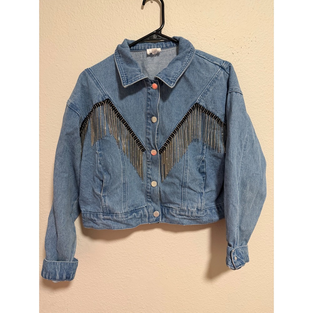Le Lis Collection Rhinestone Fringe Denim Jacket Cropped Medium Wash Womens M